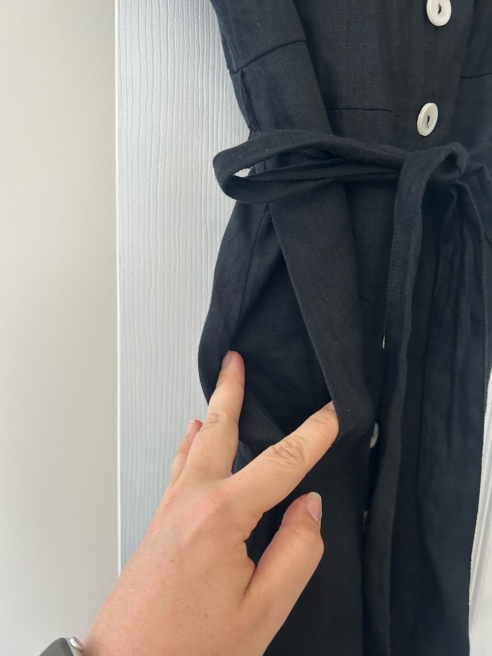 Quince European Linen Black Button-Front Midi Tie Waist Dress - Picture 4 of 6